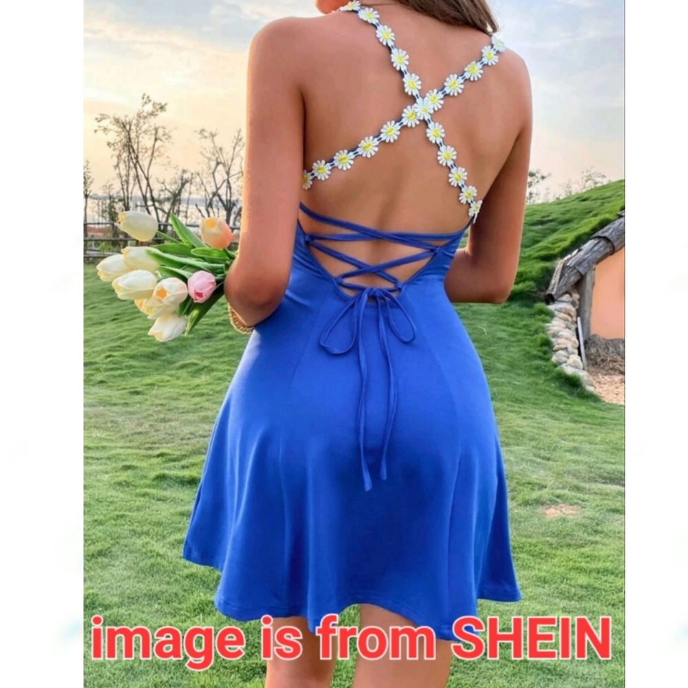 SHEIN Appliques Lace Flower Blue Dress MEDIUM